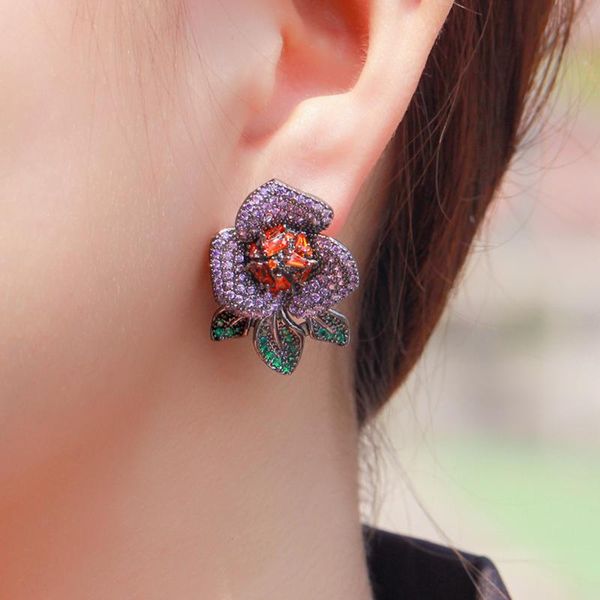 

stud geometric big flower purple red cubic zirconia pave earrings for women luxury cz wedding bridal jewelry cz879, Golden;silver