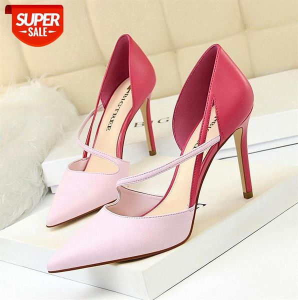 

830-2 korean fashion sweet high-heeled shoes female shallow mouth pointed toe color matching hollow word with thin single #py9l