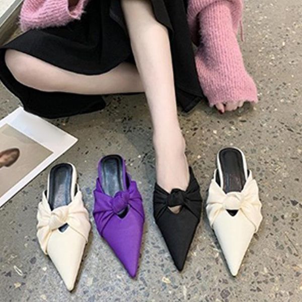 

slippers 2021 women's slik mules pointed toe butterfly knot shallow female flat slip on sandals ladies korean style casual slides outsi, Black