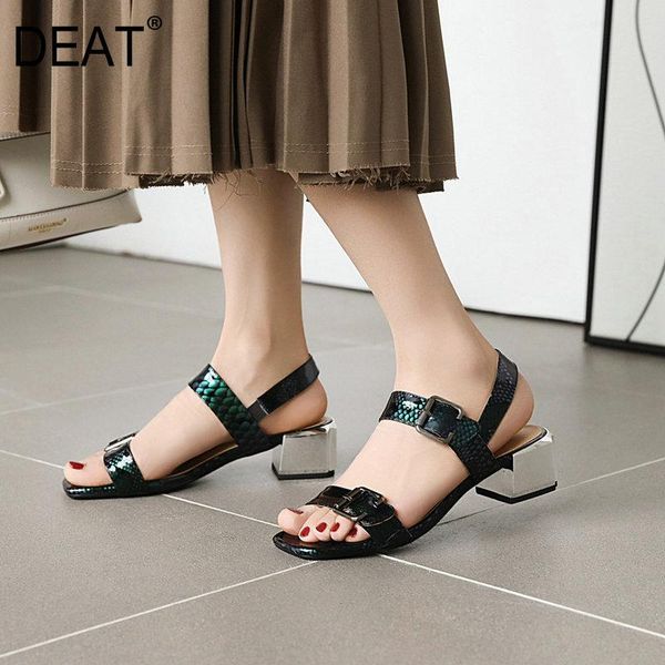 

[deat] 2021 spring summer square toe shallow double buckle snake pattern pu leather sandals for women shoes tide 10i337, Black