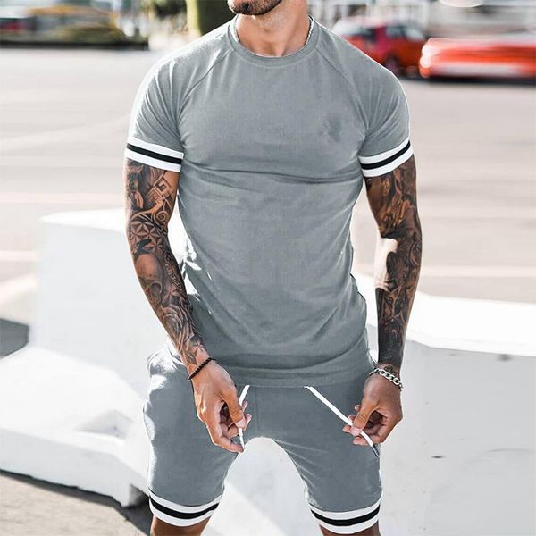 

jogging clothing fashion striped letter print mens tracksuit summer casual two piece set for men sports o neck and drawstring shorts ou, Black;red