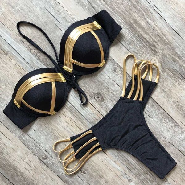 Siyah Bandaj Mayo 2019 Seksi Brezilyalı Bikini Push Up Mayo Kadınlar Mikro Bikiniler Artı Boyutu Beachwear Parlak Altın Beachwear Y0820