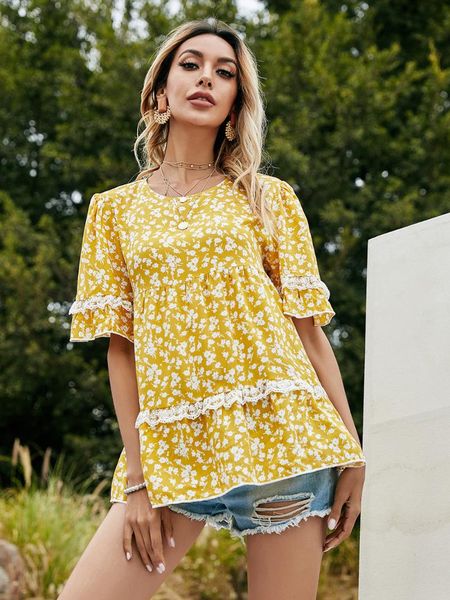 

women's t-shirt 2021 spring and summer round neck yellow loose casual five-point sleeve floral top, White