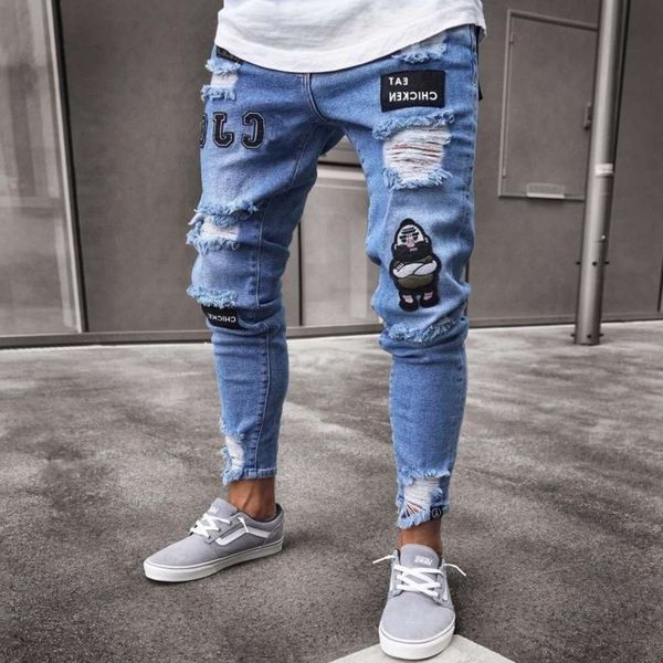 

stretchy men 3 styles ripped skinny biker drilling print jeans destroyed road slim fit denim bekrast 4xl, Blue
