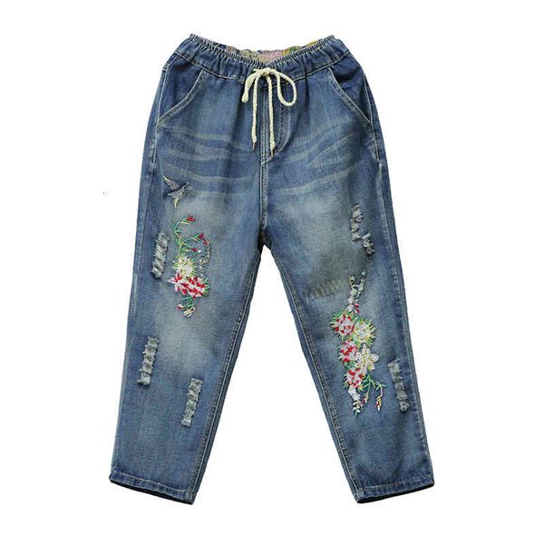 

jeans flower embroidery of vintage high belt mother pants boyfriend jeans for women plus size 3xl femme, Blue
