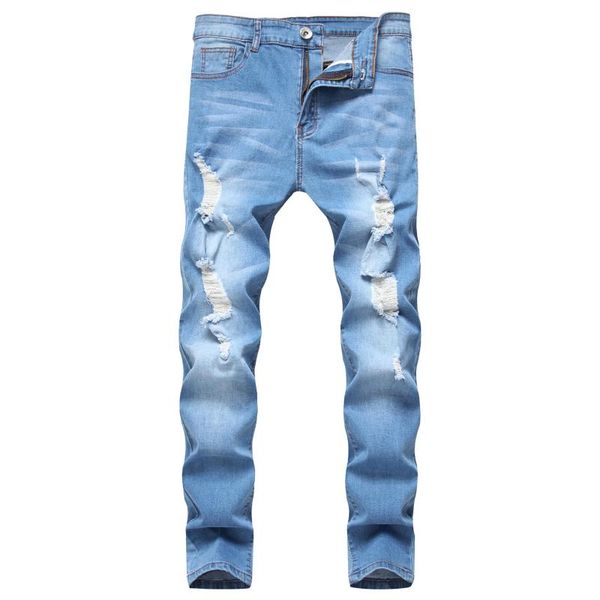 

men's jeans perforated stretch casual personality slim fashion, Blue