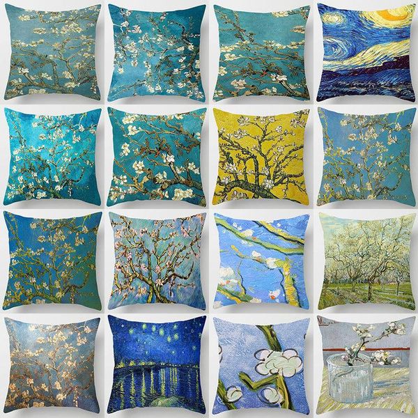 

pillow case oil painting cushion cover sofa home decorative covers tree flower self-portrait starry sky print pillowcase