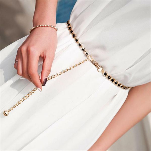 

belts fashion elegant ladies metal adjustable thin waist chain women strap dress belt pearl decorative clothess accessories, Black;brown