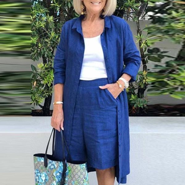 

women's tracksuits fashion cotton linen solid loose casual button long shirt jacket + straight knee shorts suits 2021 autumn women 2pcs, Gray