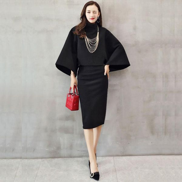 

two piece dress 2 sets of autumn winter bag hip skirt female woolen blouse suit and long section fashion thickening tide, White