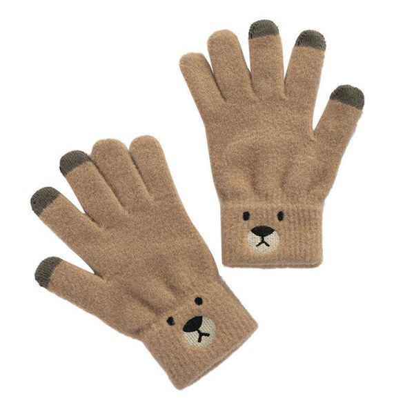 

five fingers gloves autumn winter women warm jacquard stretch knit touch screen glove female cartoon bear full finger thick sport cycling mi, Blue;gray