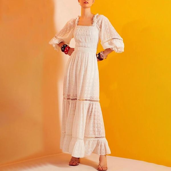 

casual dresses women white summer maxi dress chiffon square collar long sleeve backless hollow out high waist tunic stretch french, Black;gray