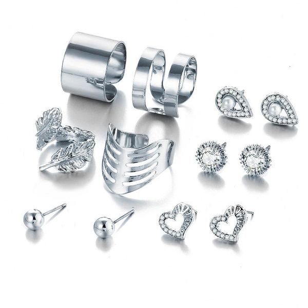

earrings & necklace 8 pcs/ set gold crystal heart for women feather water drop leaf rings engagement jewelry sets gift, Silver