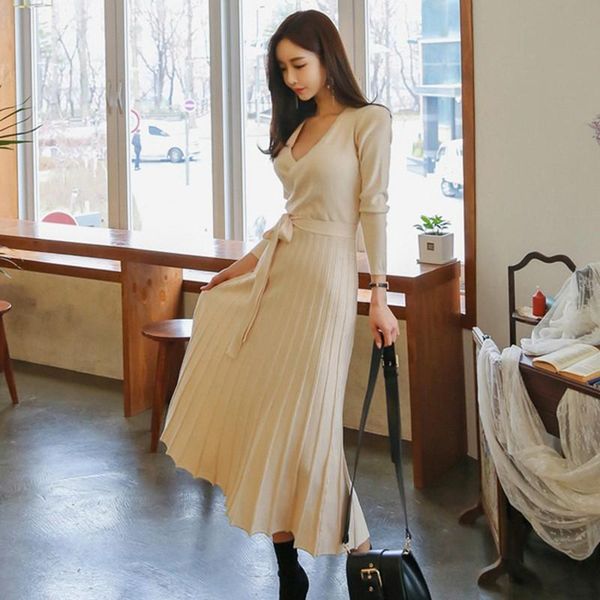 

casual dresses llzacoosh elegant elastic knitted patchwork mesh vintage dress women slim o-neck long sleeve autumn sweater midi, Black;gray