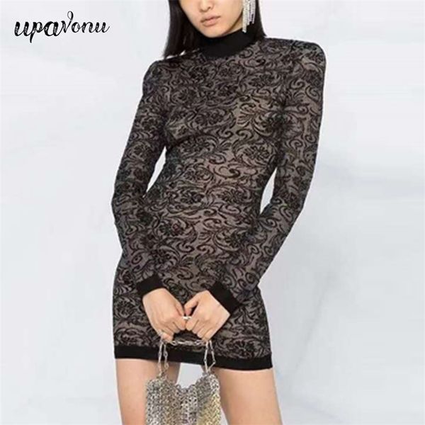 

women lace jacquard bandage dress elegant stand collar long sleeve bodycon club party mini vestidos 210524, Black;gray