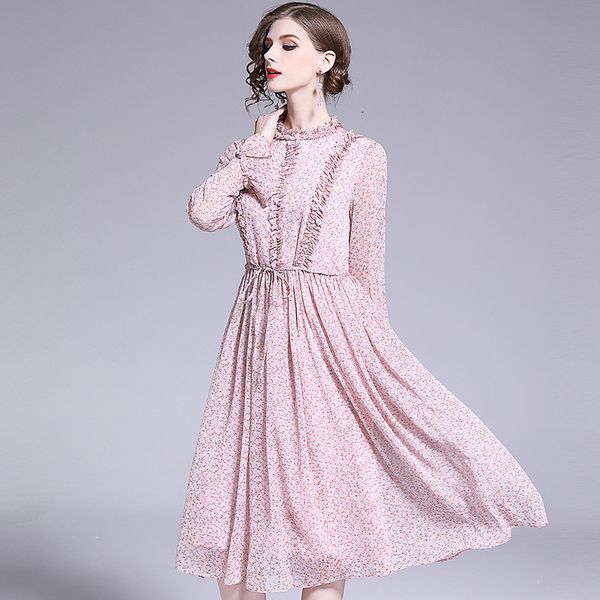 

dresses spring and summer female temperament lady style age-reducing trumpet sleeve small floral loose flounced chiffon dress, Black;gray