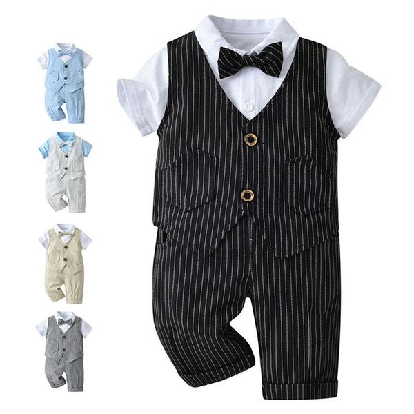 

clothing sets children summer gentleman boys bowknot shirt vest three-piece kids clothes short sleeve suit baby treasure suits, White