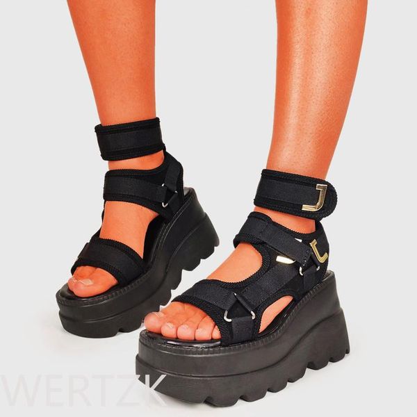 

womens sports gothic sandals fashion wedges platform brand design mixed color buckle open toe comfy shoes woman, Black