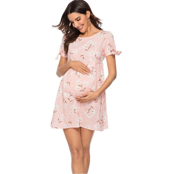 

summer fashion casual maternity dresses women short sleeve floral printing dress ropa de maternidad, White