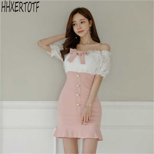 

summer sweet bow penci dress patchwork slash neck single breasted bodycon dresses korean vestido 210531, Black;gray
