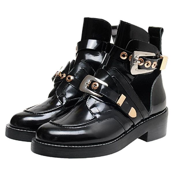 

boots summer ankle round toe female shoes buckle strap women genuinel leather platfrom knight handmade, Black