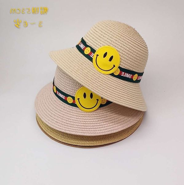 

sun hat for children children's summer straw baby sun protection traveling beach smiling face basin hat, Yellow