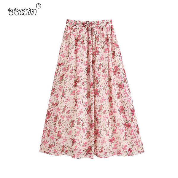

women sweet chic floral print tie drawstring pleated midi skirt vintage high elastic waist with lining skirts for girls 210520, Black