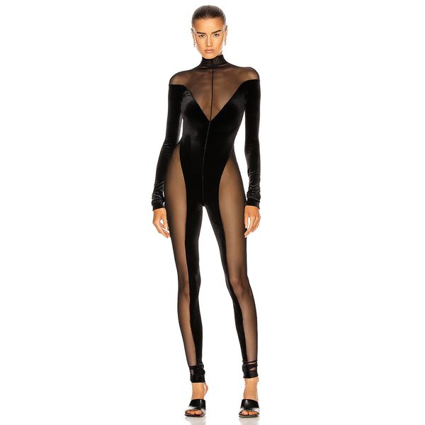 Зимние женщины черные кружева maxi комбинезоны сексуальные с длинным рукавом полные брюки клуб bodysuit lady rompers 210423