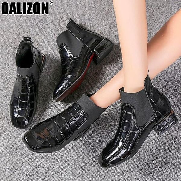 

boots britpop style autumn winter women bottine low square heels lady femme shiny leather slip on booties botas mujer shoes r668, Black