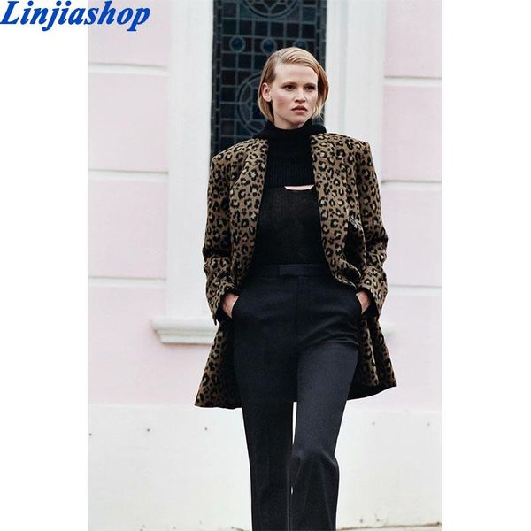 

women fashion leopard print loose woolen blazer coat vintage long sleeve back vents female outerwear chic overcoat women's suits & blaz, White;black