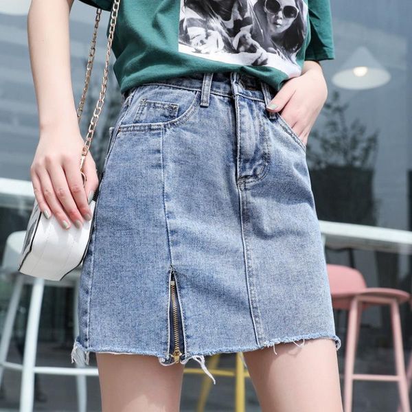 

casual high waist straight denim skirts women 2021 summer black blue solid pockets button zipper jeans skirt