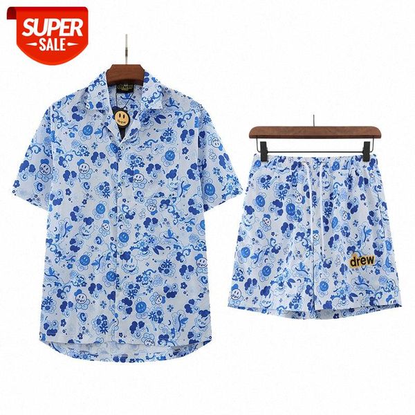 

drew bieber blue and white porcelain smiling face flower somersault cloud casual men women with shirt shorts suit #d30z, White;black