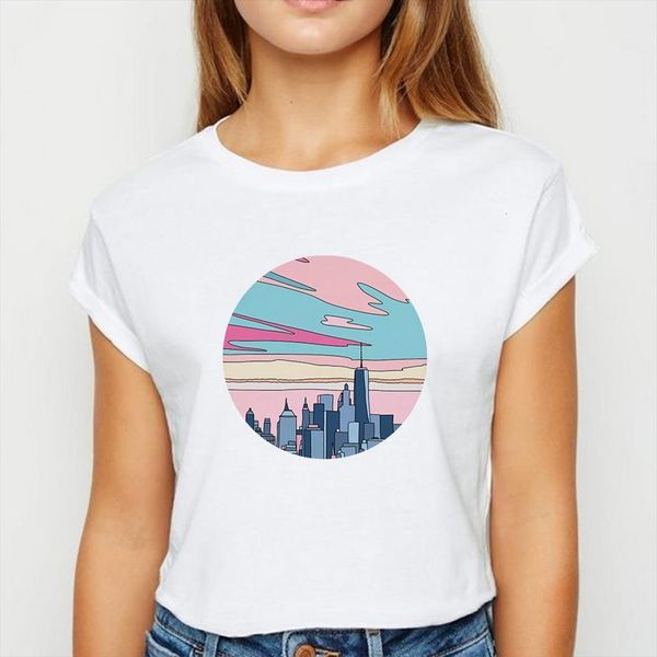 

female scenery city ulzzang mens spring and womens summer pretty graphic printing ropa mujer o neck shirts, White;black