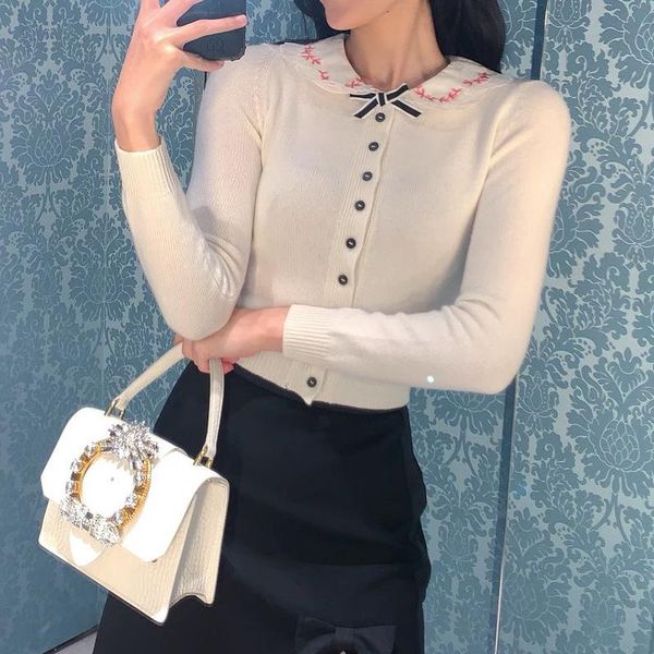 

women's knits & tees early spring 2021 miu sweater embroidered lace baby collar slim bottomed elegant knitting top, White