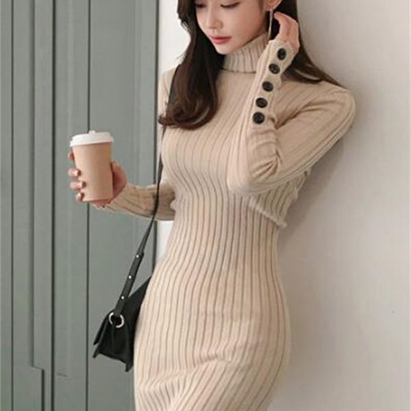 

casual dresses korean women's fashion temperament high collar slim knit bag hip sweater dress 9dgy, Black;gray