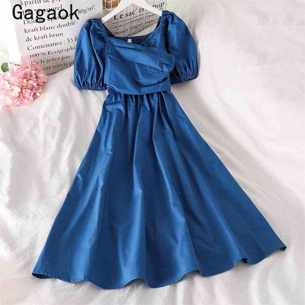 

women vintage a-line dress summer v-neck puff sleeve mid-calf solid dresses slim chic simple wild midi vestidos 210531, Black;gray