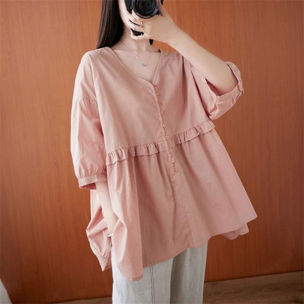 

summer arts style women short sleeve loose v-neck shirts all-matched casual cotton linen blouses big size m68 210512, White