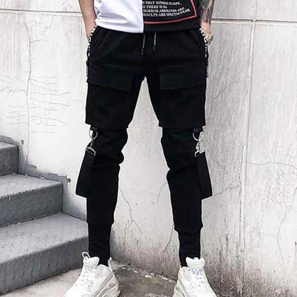 

men's pants pockets pencil hip hop patchwork ripped sweatpants fashion casual streetwear trousers, Black