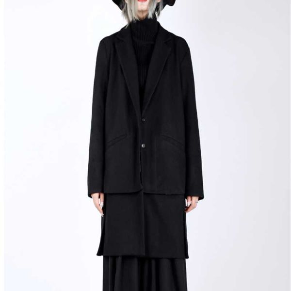 

men's wool & blends autumn and winter lapel pure color personality design long false two woolen coat fashion quality, Black