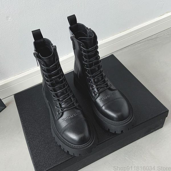 

boots leather women's 2021 thick soled british short korean zipper net red children's locomotive, Black