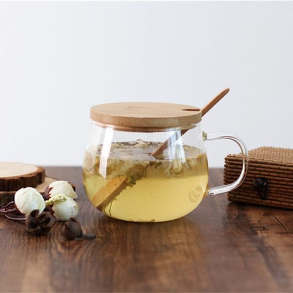 

mugs 8sets/pack 350ml handle glass cup bamboo lid spoon heat resistant coffee tea tools