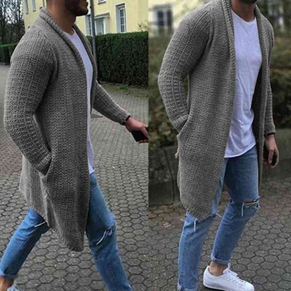 

fashion men solid color open front knit sweater coat loose pocket long cardigan, Black;white