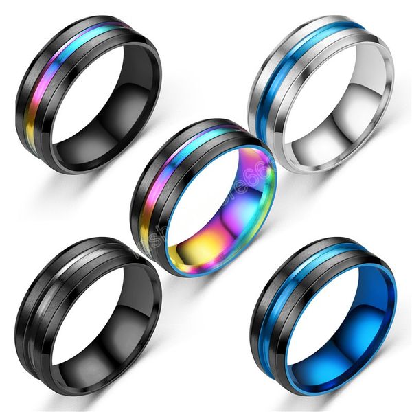 Anello nero da 8 mm per uomo Donna Groove Rainbow Fedi nuziali in acciaio al titanio Anelli fraterni alla moda Gioielli maschili casual