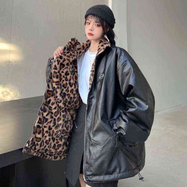 Inverno Pu Couro Mulheres Casaco Leopardo Imprimir grosso Quente Faux Faux Furing Forro Reversível Desgaste Solta Harajuku Neve Casaco Feminino 211118