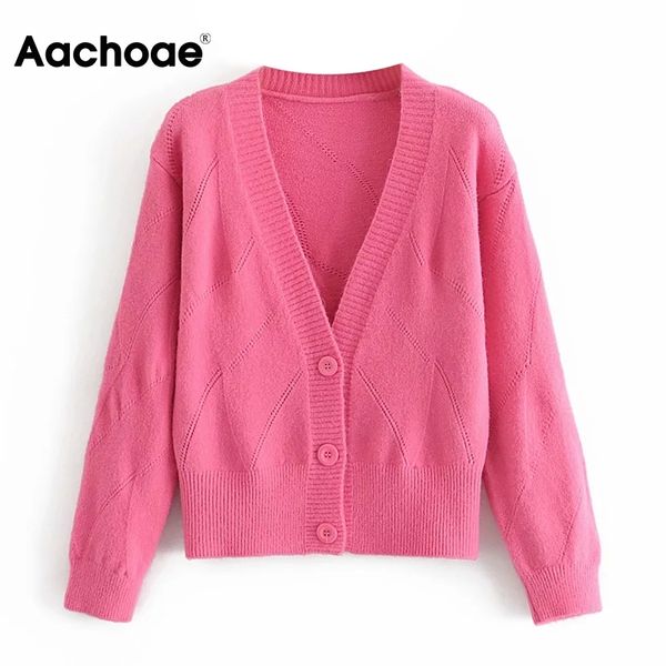 

aachoae women chic v neck cardigan sweater long sleeve hollow out solid knitted casual elegant coat cardigan mujer 210413, White;black
