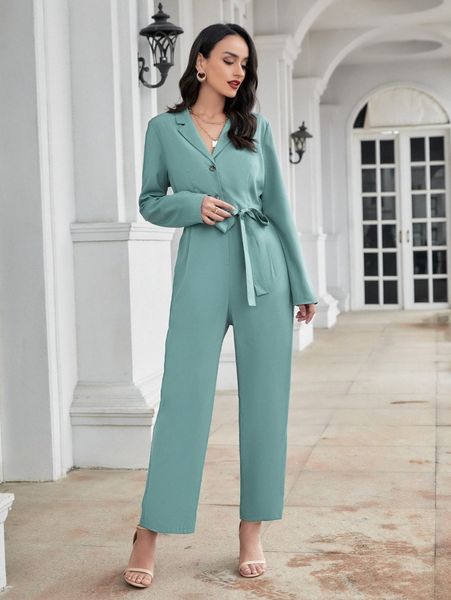 

solid button front lapel collar belted jumpsuit b21n#, White