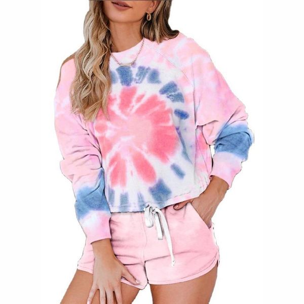 

casual tie dye print 2 piece sets women summer o neck long sleeve lace up tshirts+elastic waist slim shorts ladies pajamas suits 210507, White