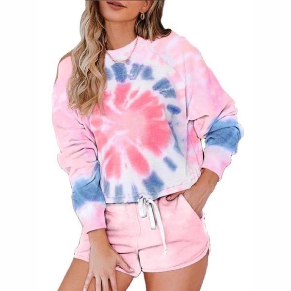 Casual Tie Dye Imprimir 2 partes Conjuntos Mulheres Verão O Pescoço Manga Longa Lace Up Tshirts + Cintura Elastic Slim Shorts Senhoras Pijamas Ternos 210507