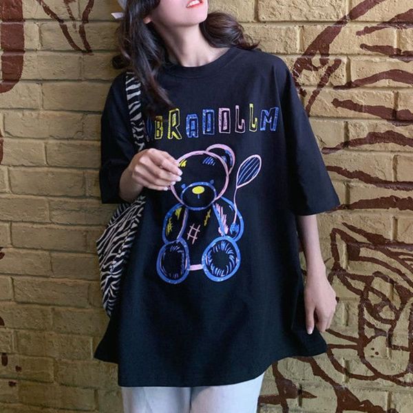 

women's t-shirt summer cotton loose 2021 casual bear versatile printing colorful aesthetic streetwear fashion vintage, White
