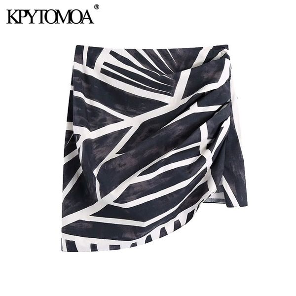 KPytomoa Mulheres Chic Moda Impresso Assimetria Drapejado Mini Saia Vintage Cintura Alta Cintura Zíper Saias Femininas Mujer 210730